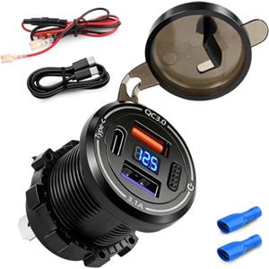 SRunDe 50 W 3 Porte Presa USB 12V QC3.0 20W& USB-C PD 15W&USB 15W Presa usb per Auto Accendisigari 12v Caricatore usb con Interruttore Accendisigari usb-c da Auto Incasso per Camper Moto Camion Barca