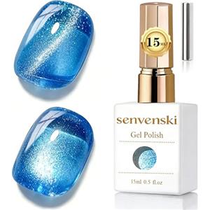 Senvenski Gelatina Vetro Cat Eye Smalto Semipermanente, 15ML Occhi di Gatto Magnetica per Gel Unghie Kit Olografico Glitterato Cristallo Smalti Unghie Salon Home DIY (Blu Oceano, 0.5fl oz)