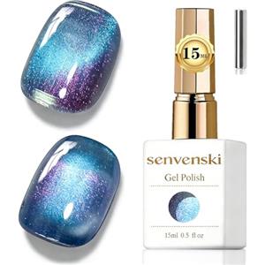 Senvenski Gelatina Vetro Cat Eye Smalto Semipermanente, 15ML Occhi di Gatto Magnetica per Gel Unghie Kit Olografico Glitterato Cristallo Smalti Unghie Salon Home DIY (Aurora Blu, 0.5fl oz)