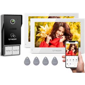 TMEZON Videocitofono Bifamiliare Y73,Videocitofono Smart Wifi 2 Fili con due monitor a Colori TFT LCD da 7'' e Campanello Esterno con Telecamera 1080P, Sblocco APP/RFID,Rilevamento Movimento Umano