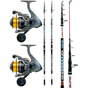 Kolpo kit combo surfcasting con due canne da pesca + 2 mulinelli con filo kit adatto per la pesca in mare di orate spigole mormore serra