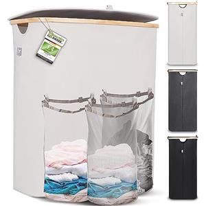 HENNEZ - Cesto Portabiancheria con Coperchio Grigio Chiaro/Beige 150L - 3 Scomparti - Cesta per Panni Sporchi in vimini - Cesta Porta Biancheria Sporca per Bagno - Cesto Portabiancheria Salvaspazi