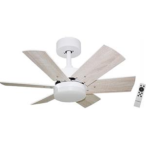 Bastilipo CALA BLANCA DC Ventilatore da soffitto con motore DC, telecomando, 75 cm Ø, 6 pale, bianco/quercia, luce LED 3 toni, telaio nichel