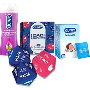 Durex Kit Divertimento, Preservativi Settebello da 18 Profilattici, Gel Lubrificante Massage 2in1 con Guaranà da 200 ml e Dadi da Gioco Erotici per coppie