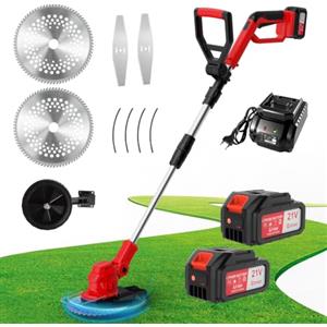 OUTIGO Tosaerba a batteria, decespugliatore a batteria, 2 batterie da 21 V (4 Ah), tagliabordi elettrico 3 in 1, manico telescopico pieghevole, decespugliatore da giardino a batteria