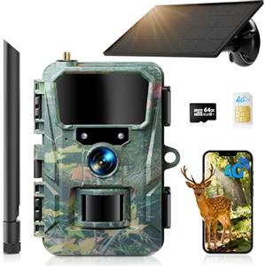 WOLFANG Fototrappola 4G con SIM e 64GB SD, 2K 48MP HD Fotocamera Solare Caccia con Batteria da 5200 mAh, Infrarossi Rilevatore di Movimento Visione Notturna IP66 Impermeabile