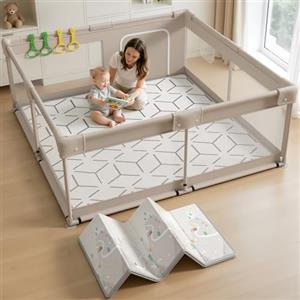 Lertantri Box Bambini 150x150cm, Box Neonato con Materassino, Recinto Neonato con Rete Traspirante, Baby Park con 4 Pezzi Anelli