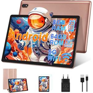 DMOAO Tablet 10 Pollici Android con 5G Wi-Fi, HD Tablet con 8 GB RAM + 64 GB ROM (Espandibile fino a 1 TB), GPS, 8 Cores 2.0 GHz, Bluetooth 5.0, 1280 * 800 IPS, USB-C, 6000 mAh, Oro
