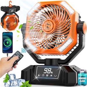 Multper Ventilatore da campeggio con lanterna a LED, 20000 mAh, ricaricabile, ventilatore oscillante con luce, gancio e telecomando, potente ventilatore da scrivania USB a 5 velocità, alimentato a batteria