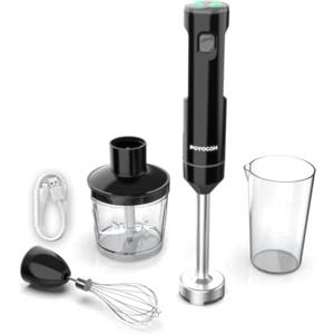 POYOCOM Frullatore a immersione senza fili, POYOCOM minipimer portatile ricaricabile, con cavo Type-C, frusta, tritatutto da 500 ml, recipiente da 600 ml per frullati, salse, pappe e zuppe - Nero