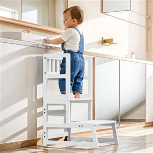 COSYLAND Torre Montessoriana per Bambini 2 in 1 - Torretta Montessoriana con protezione rimovibile, si trasforma in scaletta, capacità 136 kg per cucina/bagno/soggiorno/cameretta (Bianco)