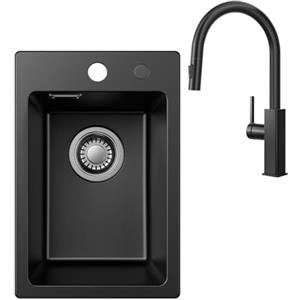 CECIPA Lavello da cucina in granito, 30 x 45 cm, nero con miscelatore, piccolo lavello per mobiletto a partire da 30 cm, rubinetto estraibile con funzione doccia a 360°
