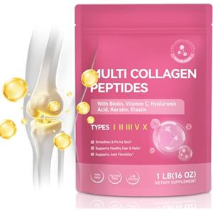 XIANDAIMENG Collagene Peptidi Polvere 454g - Multi Collagene Tipo I II III V X con Vitamina C, Biotina, Acido Ialuronico, Cheratina ed Elastina - Collagene Idrolizzato Senza Gusto - Per Pelle Capelli Unghie
