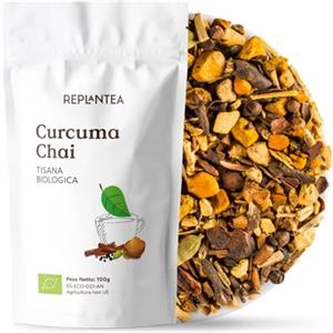 REPLANTEA Cuidamos tu Naturaleza CURCUMA CHAI TÈ 100% BIO 100g (50 Tazze) | Tisana Ayurvedica con Curcuma, Zenzero, Liquirizia, Cannella, Mela e Cacao REPLANTEA
