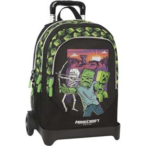 MINECRAFT Movie Zaino Trolley Scuola, Design Creeper, con Trolley Staccabile, Nero e Verde