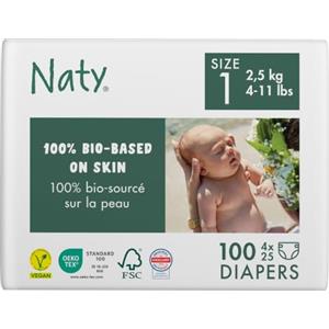 Naty Pannolini Neonato, Taglia 1 (2-5kg), 100 pezzi, Per pelle sensibile | 100% a base vegetale sulla pelle, Assorbente, Comfort premium, Ingredienti accuratamente selezionati