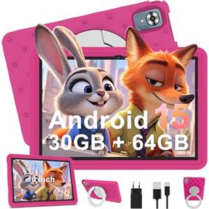 DMOAO Tablet per bambini da 10 pollici Android 15 con 30 GB RAM (TF 2T), 5G WI-FI 6, Widevine L1, controllo genitoriale, 8-Core, tablet touch con custodia antiurto EVA + supporto girevole a 360°, rosa