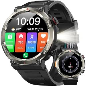 IOWODO Smartwatch Uomo, 1.45" Militari Orologio Intelligente con Torcia Bussola, Batteria 960mAh, IP68 Impermeabile, Orologio Fitness con Chiamate Bluetooth, Cardiofrequenzimetro Sonno, Android iOS