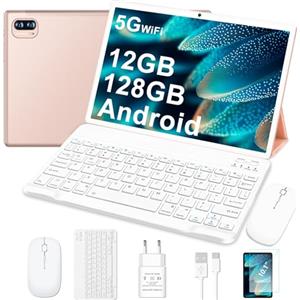 Dghrti Tablet Android, 12GB RAM, 128GB ROM (expandable up to 1TB), 8000mAh, Widevine L1, BT5.0, with Mouse,Protective cover - Gold