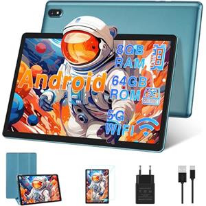 DMOAO Tablet 10 Pollici Android con 5G Wi-Fi, HD Tablet con 8 GB RAM + 64 GB ROM (Espandibile fino a 1 TB), GPS, 8 Cores 2.0 GHz, Bluetooth 5.0, 1280 * 800 IPS, USB-C, 6000 mAh, Blu