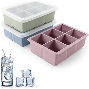 Jisile Set di stampi per cubetti di ghiaccio in silicone con 3 forme, 6 cavità, grandi stampi quadrati per ghiaccio con coperchio, riutilizzabili per whisky, cocktail e bevande
