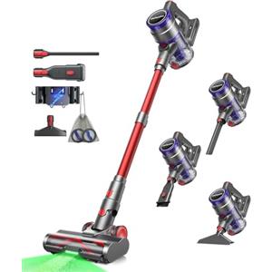 VACTechPro 55000Pa/600W/70Min Aspirapolvere Senza Fili, 1.6L Scopa Elettrica Senza Fili Super Silenzioso, GreenSight™ Aspirapolvere Senza Fili Potente con Sistema di Filtraggio a 8 Strati, Rosso