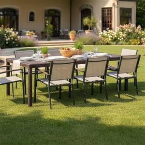 Dmora - Tavolo da esterno Roma, Ripiano rettangolare allungabile da pranzo, Tavolo da giardino estensibile effetto rattan, 100% Made in Italy, 150/220x90h72 cm, Marrone