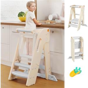 Growaystory Torre Montessoriana Pieghevole per Bambini, Sgabello a gradini regolabile in altezza per bambini (2-3 livelli), Learning Tower con Barra di Sicurezza, per Bancone Cucina Lavandino Bagno (Bianco)