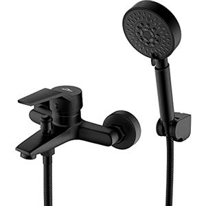 Auralum Rubinetto Vasca da Bagno Nero con Doccetta a Mano 5 Funzioni, Miscelatore Vasca da Bagno con Tubo Doccia in Acciaio Inox 1,5 m, Miscelatore Doccia con Supporto Soffione Doccia per Bagno