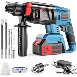 Tdyon Martello Perforatore a Batteria, Martello Tassellatore a Batteria, Martello Demolitore Batterie 21V 4Ah, 4 in 1 Funzione, Adattatore SDS-plus con Mandrino, 3 Punte, 2 Scalpelli