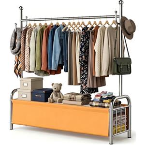 HOMICKER Appendiabiti da Terra in Acciaio Inox, Stand Appendiabiti con Cestino Portaoggetti in Pelle, 115 kg, Porta Abiti Stabile, Attaccapanni, Porta Vestiti da Camera, Organizzazione Casa