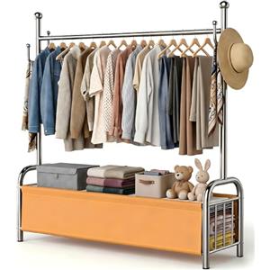 HOMICKER Appendiabiti da Terra in Acciaio Inox, Stand Appendiabiti con Cestino Portaoggetti in Pelle, 115 kg, Porta Abiti Stabile, Attaccapanni, Porta Vestiti da Camera, Organizzazione Casa