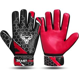 BEAST RAGE Guanti da portiere da calcio per ragazzi, giovani e bambini, guanti da portiere con forte presa per le parate più difficili, supporto al polso, palmo in lattice da 4 mm (Rosso, Taglia 8 (M