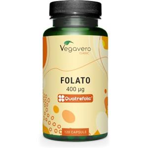 Vegavero ACIDO FOLICO Vegavero® | 400 mcg | L-Metilfolato 5MTHF (Quatrefolic®) dall'Italia | L'UNICO SENZA ADDITIVI | Folato Attivo Certificato in Laboratorio | Folic Acid | 120 capsule | Vegan