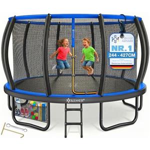 KESSER® Trampolino esterno Ø 244/305/366/427 cm, certificato GS trampolino da giardino per bambini e adulti < 150 kg con rete di sicurezza, inclusa borsa, scala, copertura del bordo e aste in rete