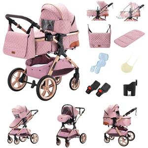 YAZOCO Passeggino Trio, con Ovetto I-SIZE Passeggino 3 in 1 Neonati con Due Modi Reversibili Spingere, Trio con Design Pieghevole in Un Clic navicella+passeggino 2 in 1 (3 in 1 XX1 Rosa)