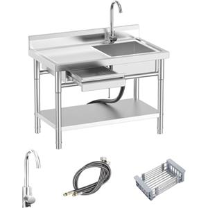 RivieraSink RiveraSink Tavolo Lavello Inox Professionale 100x55x80cm - Lavello con Piano di Lavoro, Cassetto Integrato e Rubinetto Miscelatore, Stazione di Lavaggio per Ristorazione, Lavanderia e Cucina