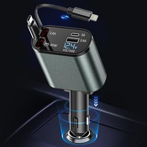 OHFAMO Caricabatteria da auto USB C 4 in 1 56 W, caricatore da auto con 2 cavi retrattili, adattatore accendisigari USB con indicatore di tensione, girevole a 180°, ricarica rapida PD 12