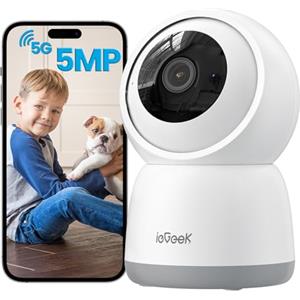 ieGeek 5MP Telecamera WiFi Interno 2,4GHz e 5GHz, Videocamera Sorveglianza con Tracciamento del Movimento, Rotazione a 360° PTZ, Visione Notturna, Audio Bidirezionale, Funziona con Alexa, SC1 Pro