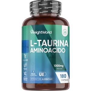 WeightWorld Taurina Integratore 1000mg per Dose, 180 Capsule con L Taurina Polvere Vegana (3 Mesi), Aminoacidi Essenziali, Pre Workout e Post Workout, Taurine Senza Magnesio Stearato né OGM, Prodotto in Europa