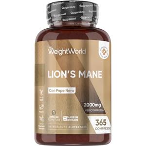 WeightWorld Lions Mane 365 Micro Compresse Vegane, 1 al Giorno (1 Anno), Hericium Erinaceus 50% Polifenoli con Pepe Nero, Criniera di Leone, Integratore Lion's Mane 2000mg (Estratto 25:1) Senza Magnesio Stearato