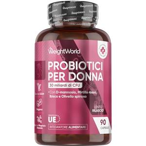 WeightWorld Probiotici Donna 30 Miliardi di CFU, 11 Ingredienti, Ceppi di Lactobacillus, Fermenti Lattici Vivi, Prebiotici, Lactobacillus Rhamnosus Lactobacillus Acidophilus, Inulina, 90 Capsule a Lento Rilascio