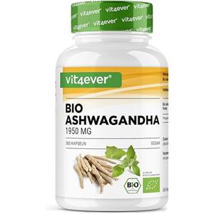 vit4ever Original Organic Ashwagandha - 365 capsule - Dosaggio elevato con 1950 mg per dose giornaliera - Autentica bacca del sonno indiana - Testato in laboratorio - Vegan