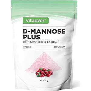vit4ever D-Mannosio in Polvere con Estratto di Cranberry (Mirtillo Rosso) - Alto Dosaggio con 2000 mg di D-Mannosio e 500 mg di Cranberry - 300 g di Polvere - 120 Applicazioni - Vegano