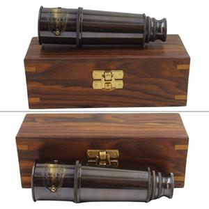 Hadiat Telescopio pirata in ottone anticato con scatola di legno - Vintage palmare nautico Spyglass per navigazione, avventure all'aperto, collezionisti marittimi, decorazioni per la casa e regali unici