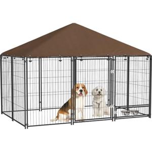 PawHut Recinto per Cani da Esterno Grande Box, Tetto Anti-UV 211x141x151 cm | in Acciaio, Impermeabile, Ciotola Girevole, Kennel Recinzione Spazioso per Cuccioli, Giardino, Nero e Marrone