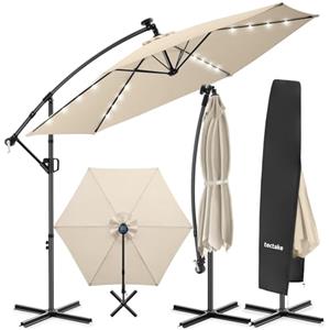 tectake® Ombrellone da Giardino 3x3 m, Ombrellone a Braccio Girevole 360° con Strisce Led a Energia Solare, Protezione UV 50+, Idrorepellente, Inclinabile, Base in Acciaio a Croce, Manovella - Beige