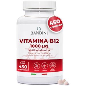 Bandini® Vitamina B12 450 Vegan (Scorta +14 Mesi), Metilcobalamina 1000µg, Compresse Vegane al 100%, Vitamine B 12 per il Sistema Immunitario, Vit B Metabolismo energetico, Stanchezza Fisica e Mentale