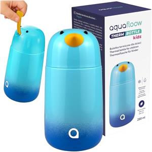 Aquafloow Borraccia Termica Bambini 280ml in Acciaio Inox, Doppia Parete, senza BPA - Bottiglia Termica Riutilizzabile per Asilo, Scuola, Sport e uso Quotidiano- Motivo Pinguino