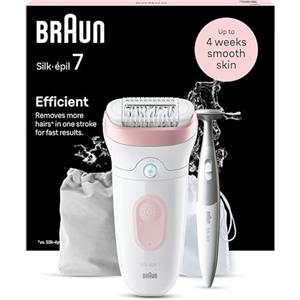Braun Silk-Épil 7 Epilatore Elettrico Donna con Testina Ampia per Una Epilazione Semplice, Wet & Dry, Pelle Liscia a Lungo, con Rifinitore Bikini Styler, Idea Regalo, 7-210, Bianco/rosa